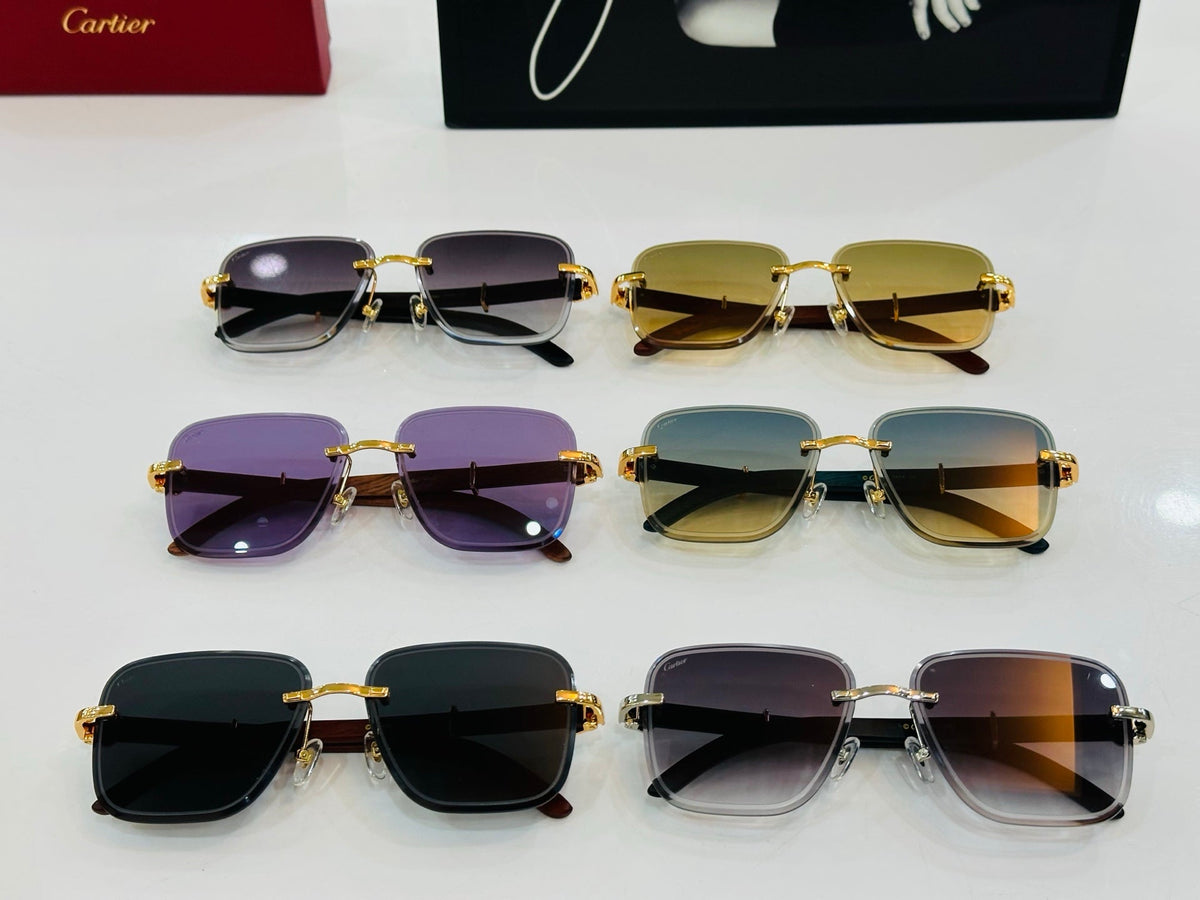 CARTIER C DE RIMLESS RECTANGULAR FRAME SUNGLASSES CT0607S IN METAL AND WOODEN