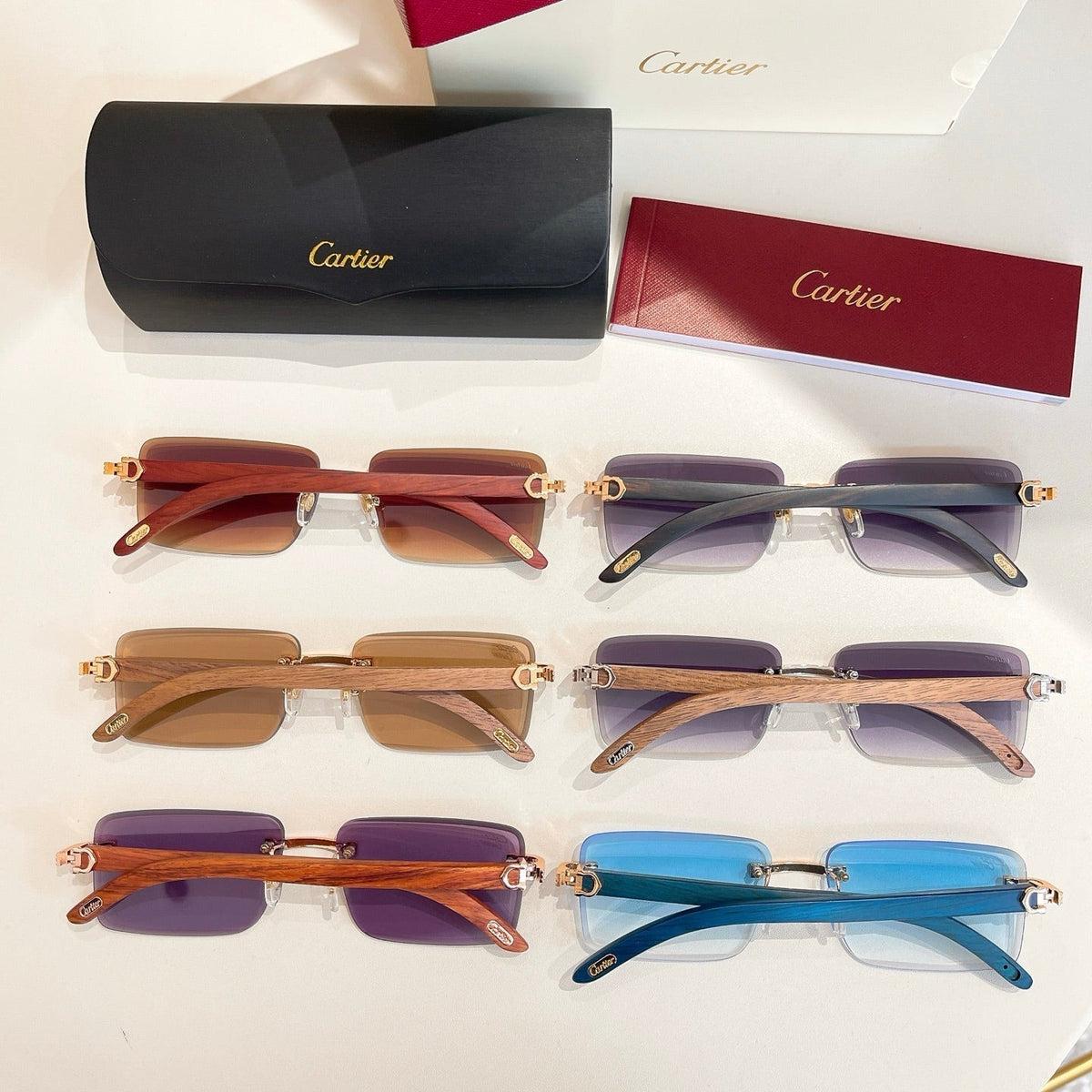 CARTIER C DE RIMLESS RECTANGULAR FRAME SUNGLASSES CT0619S IN METAL AND WOODEN